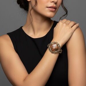 STUDIO BARSE Rare Brecciated Jasper Large Ornate Brass Cuff Bracelet